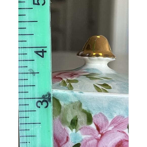 Hand Painted Porcelain Sugar Or Honey Bowl Lid Blue Pink Roses Gold Trim Signed - Picture 16 of 16